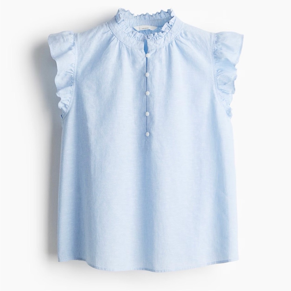 H&M Pale Blue Ruffle Neck Sleeveless Blouse